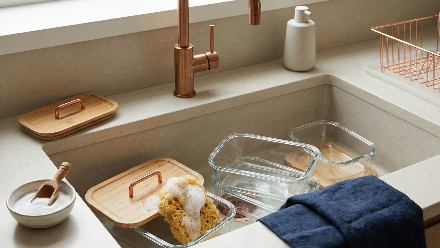 Food storage containers and lids being washed in a kitchen sink
