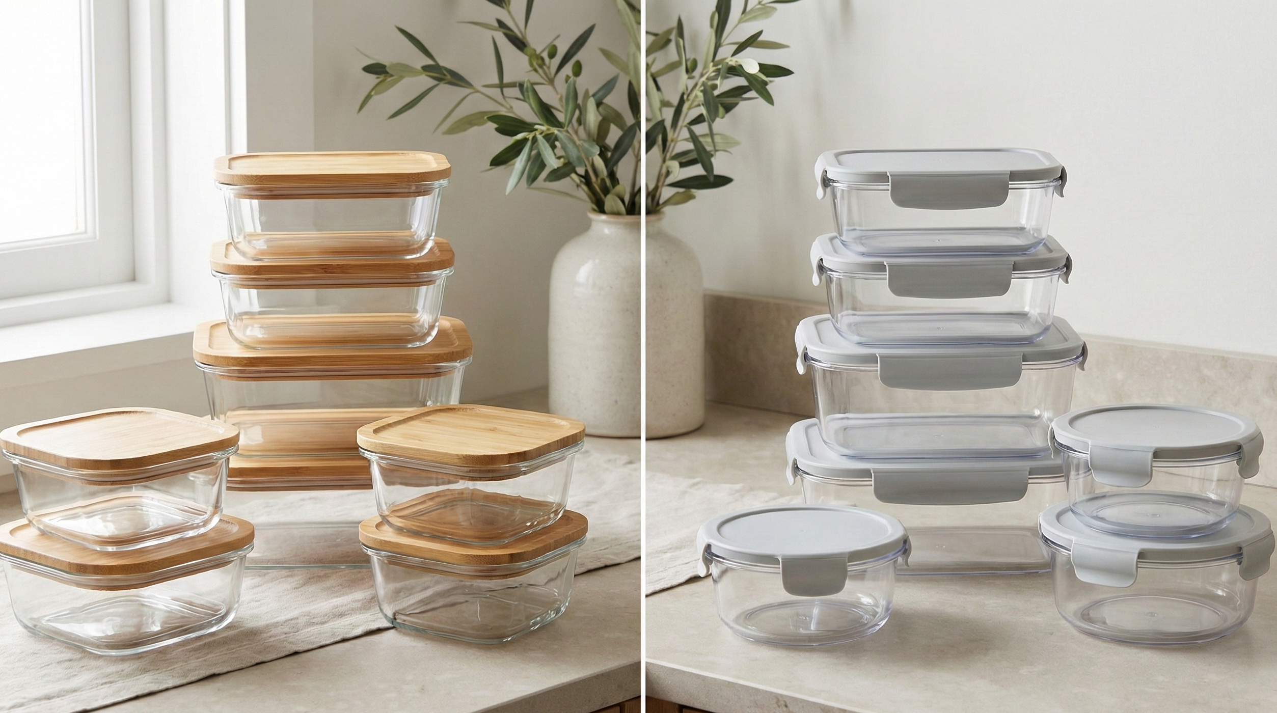 Glass and plastic food storage containers side by side for comparison