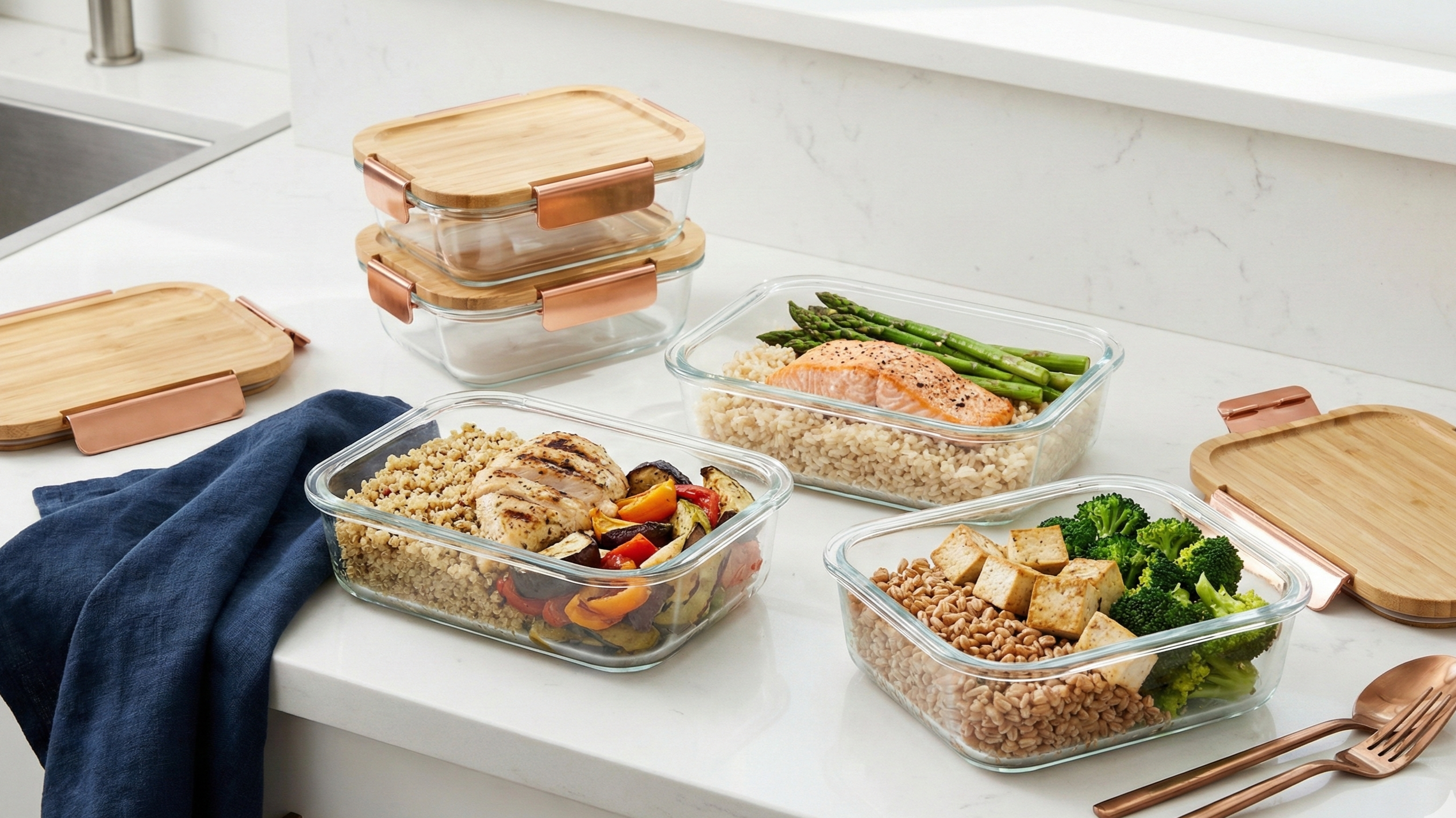 Meal prep containers arranged on a kitchen counter with prepared meals