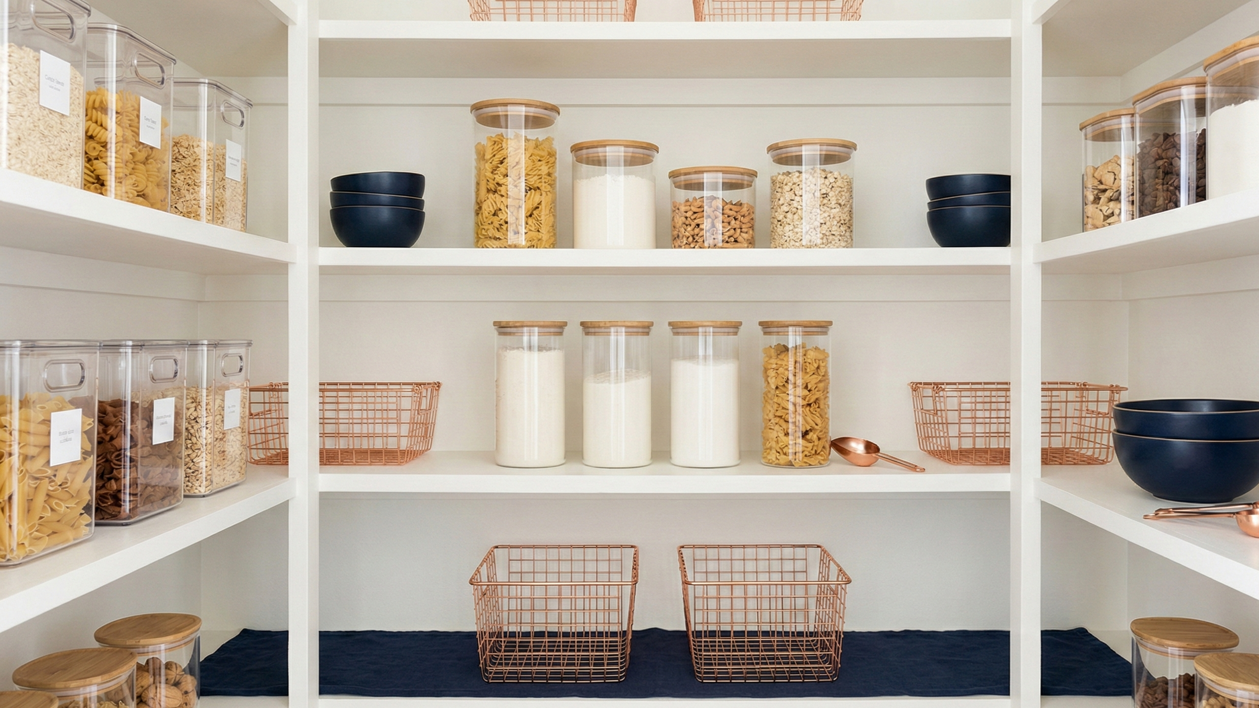 Organized pantry shelf with bins, canisters, and zones