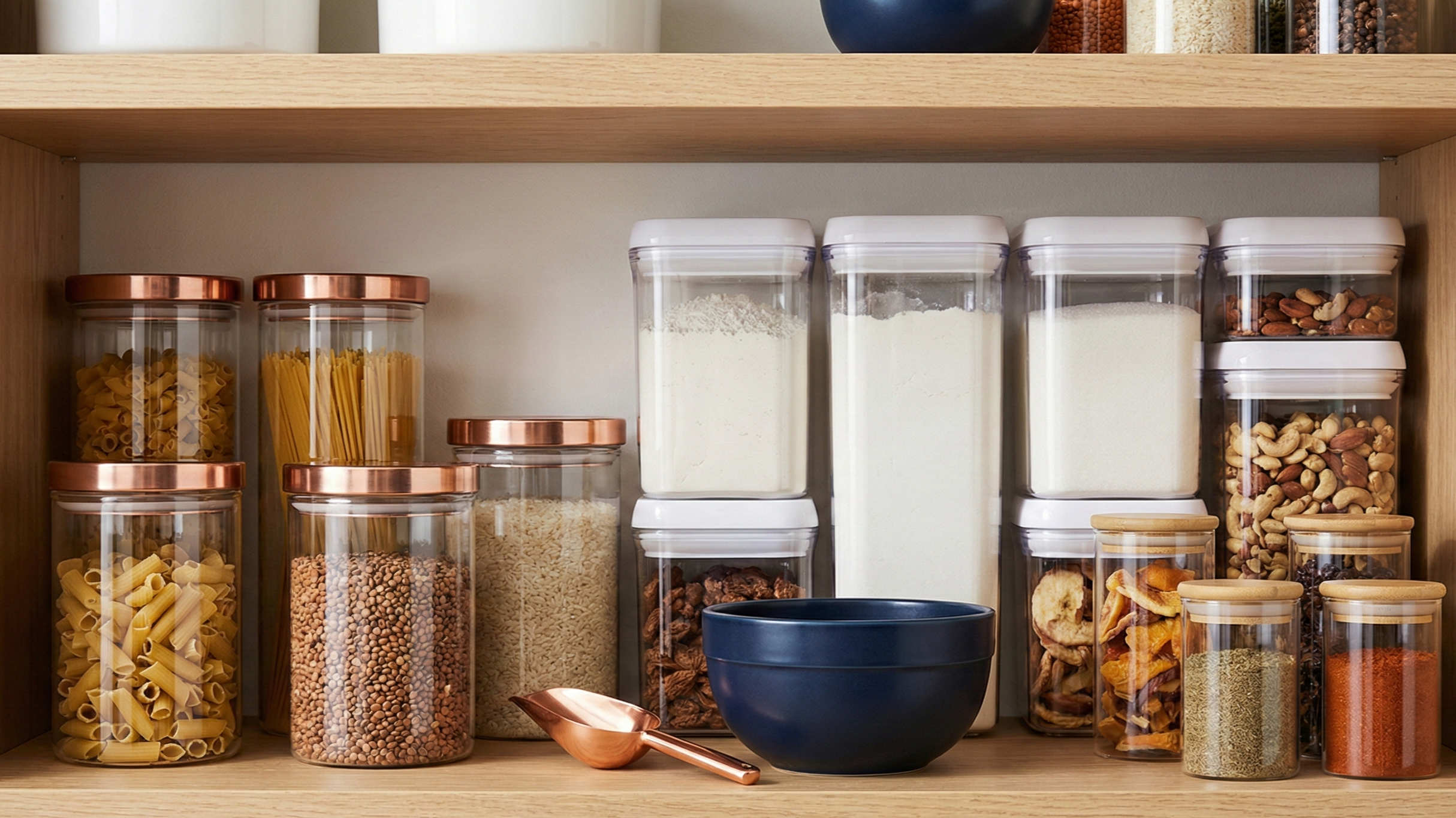 Pantry storage containers organized on a shelf with dry goods