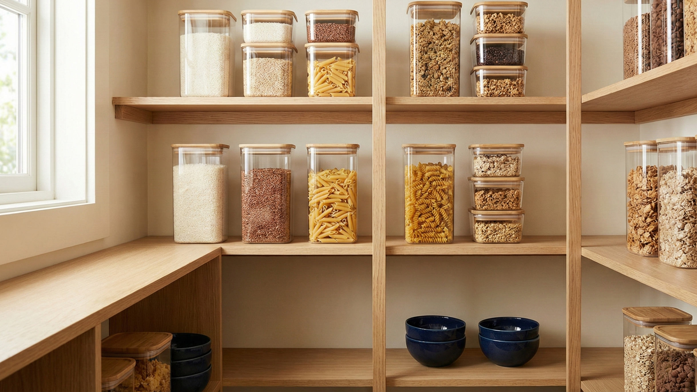 Clear pantry storage containers for organized dry food systems