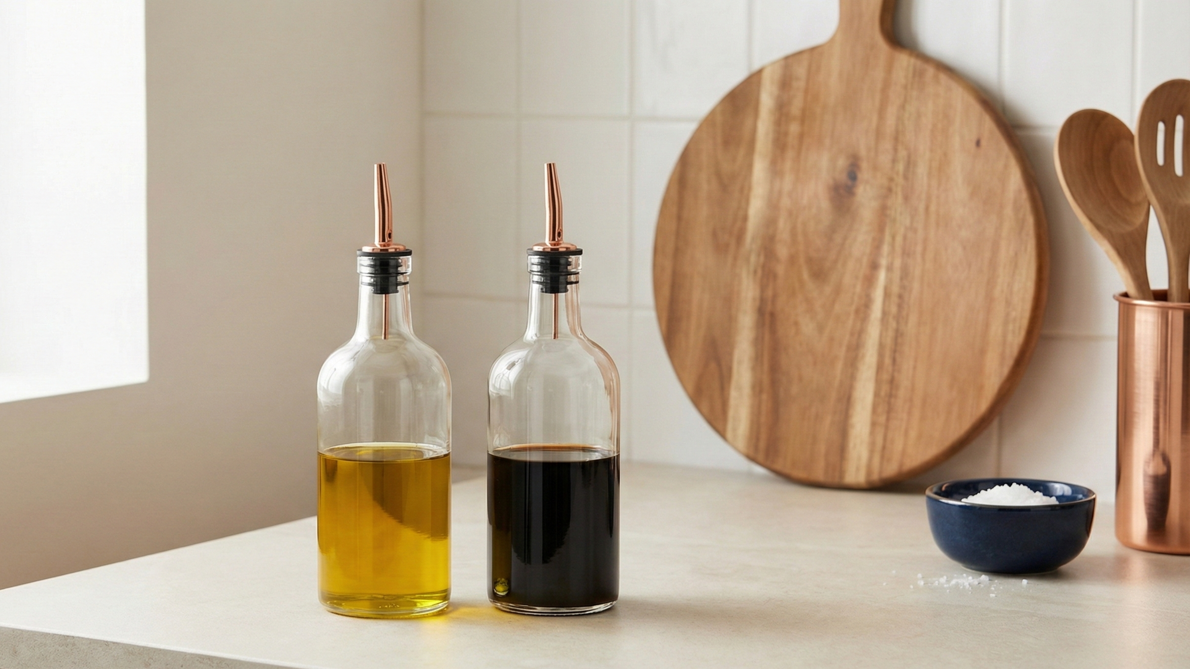 Glass oil and vinegar bottles with pour spouts for organized kitchen use
