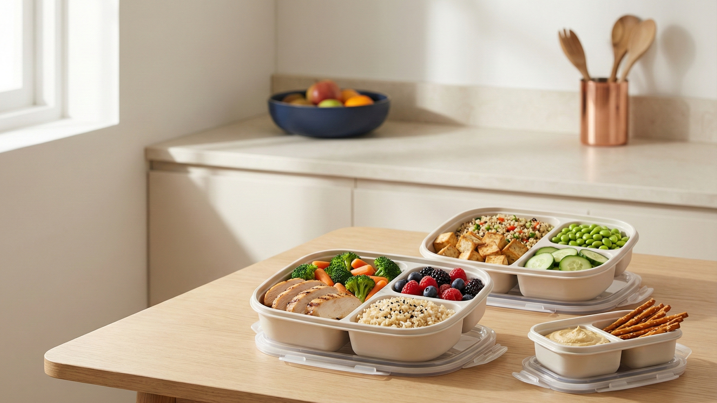 Leakproof lunch containers and bento boxes with compartment design for meal planning