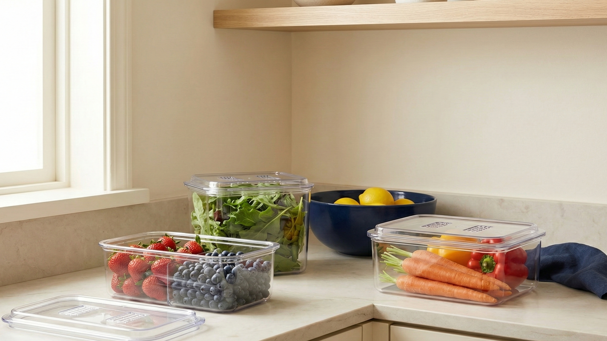 Produce storage containers for fruits and vegetables in fridge organization