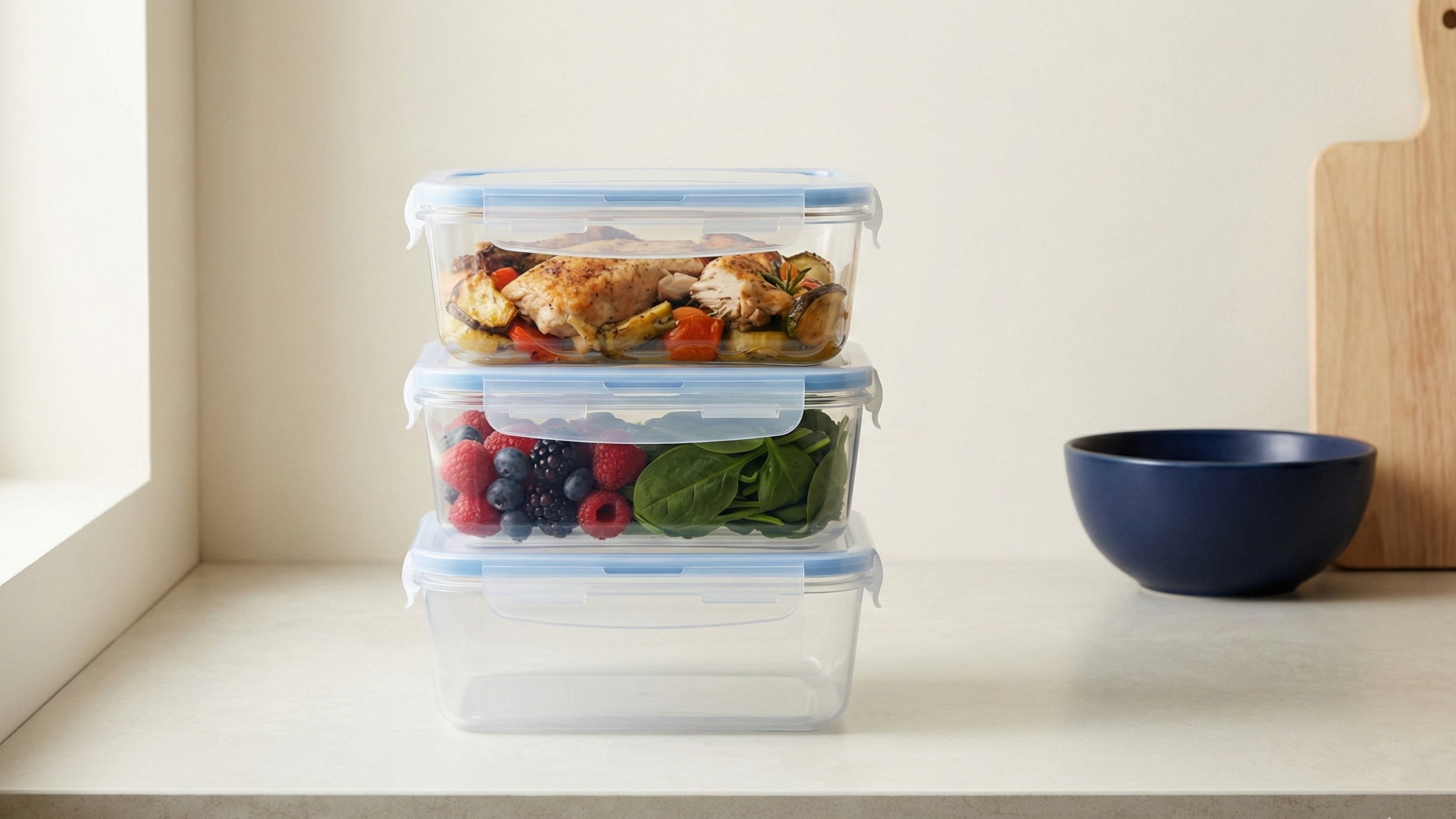 Reusable plastic food storage containers for everyday kitchen use
