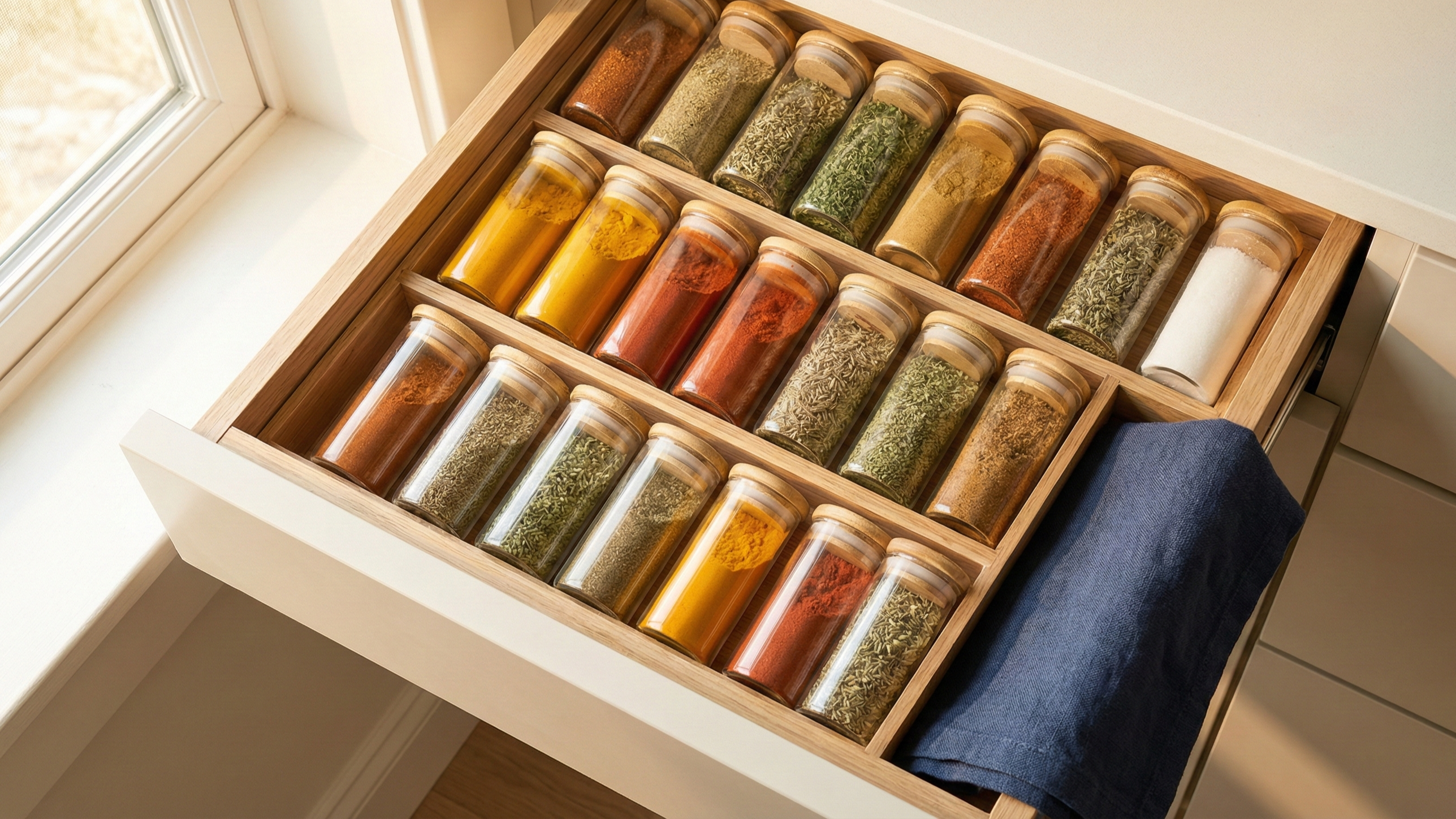 Spice jars and seasoning organizers for kitchen drawer and shelf storage