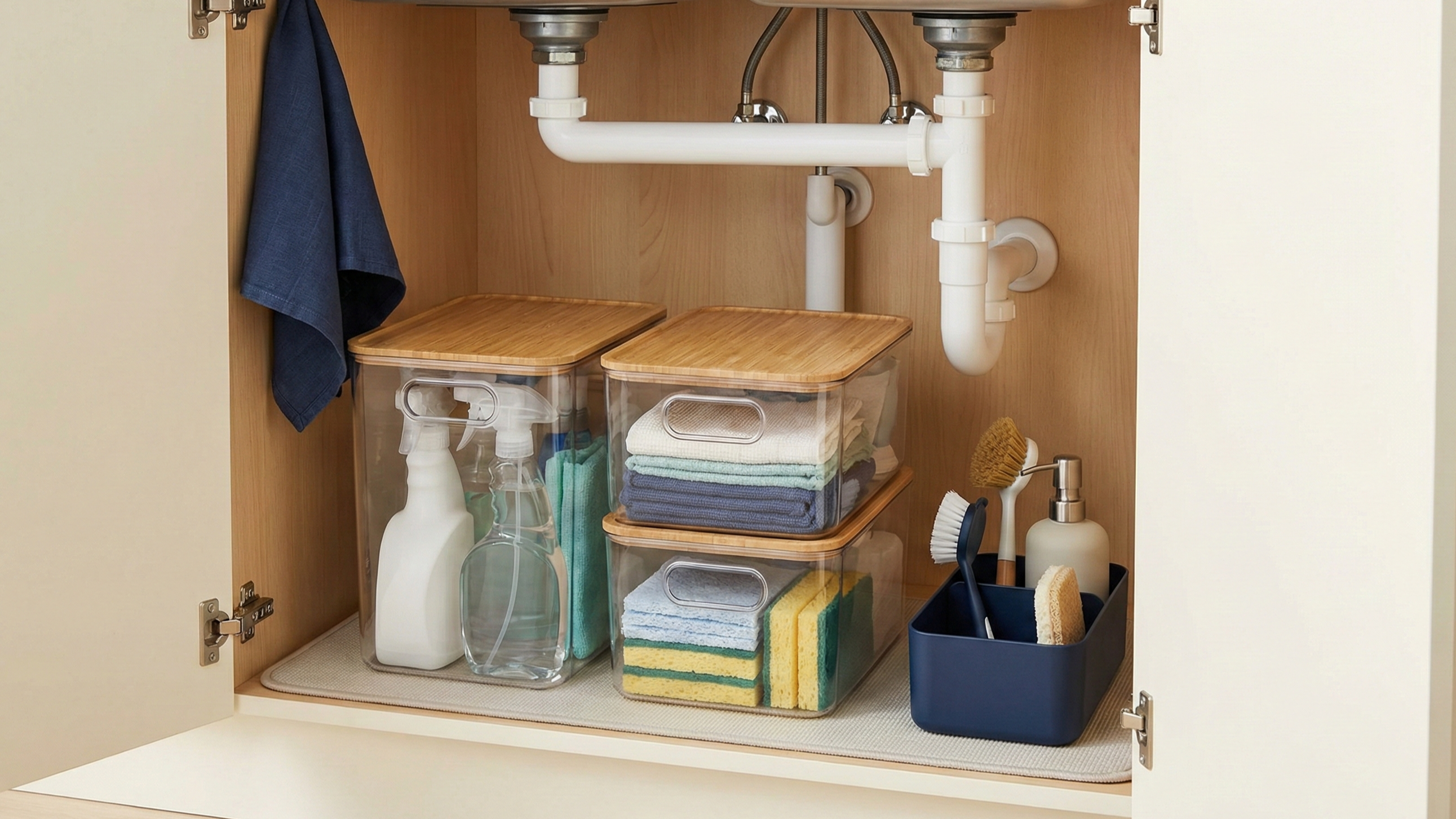 Under-sink storage organizers and bins for bathroom or kitchen cabinets