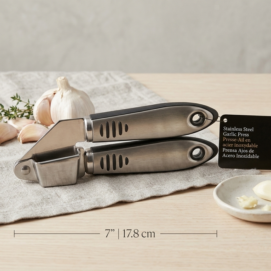 Garlic press with garlic cloves and a small dish on a wooden surface.