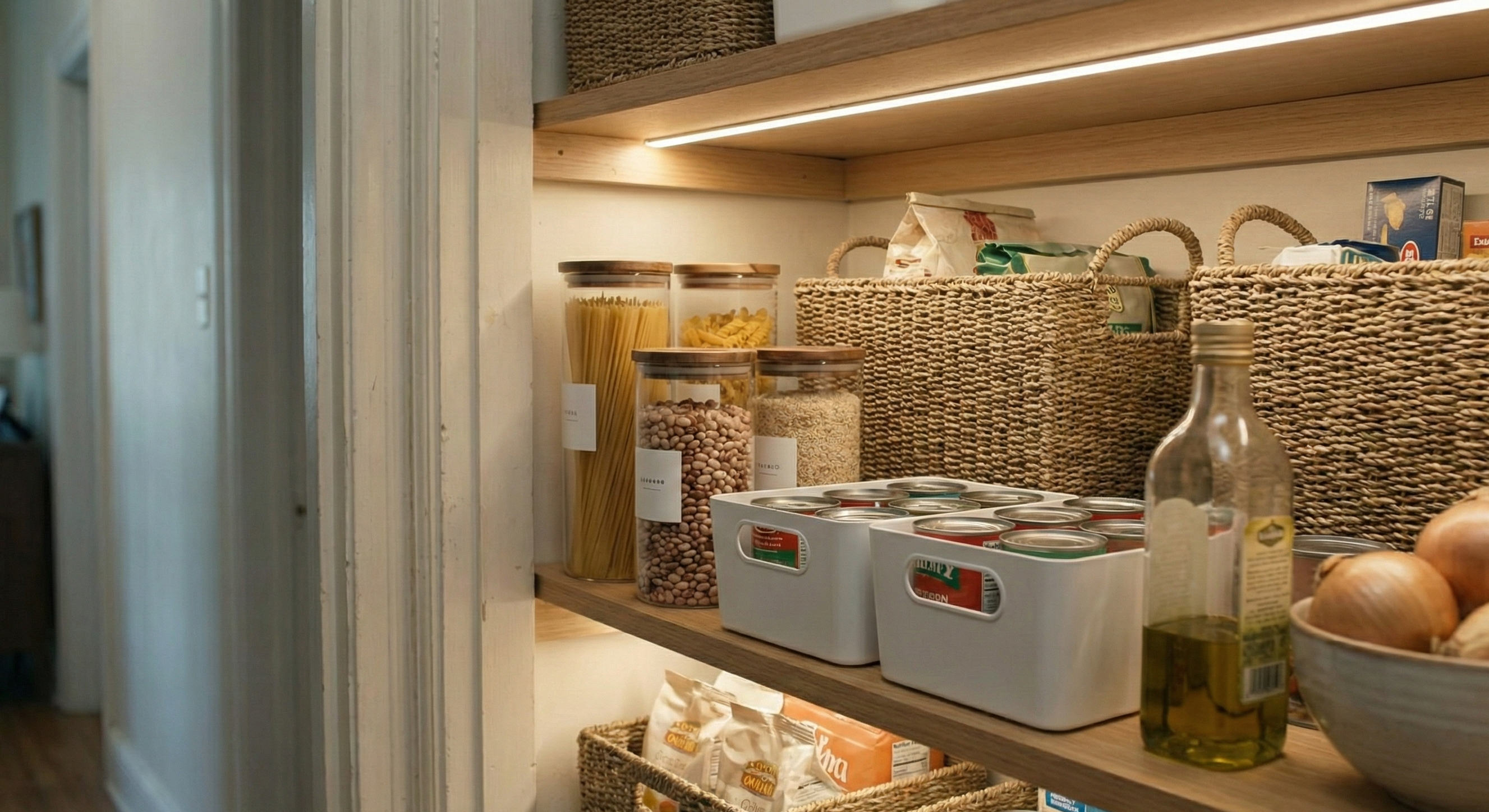 Well-organized pantry with shelves stocked with food items and containers.
