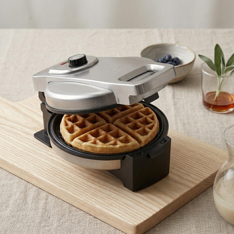 Waffle maker with waffles on a wooden board on a table.