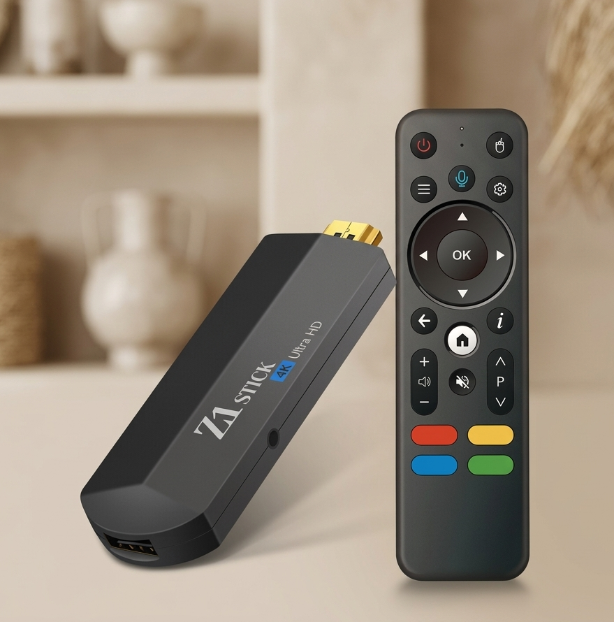 TV stick and remote control on a neutral background