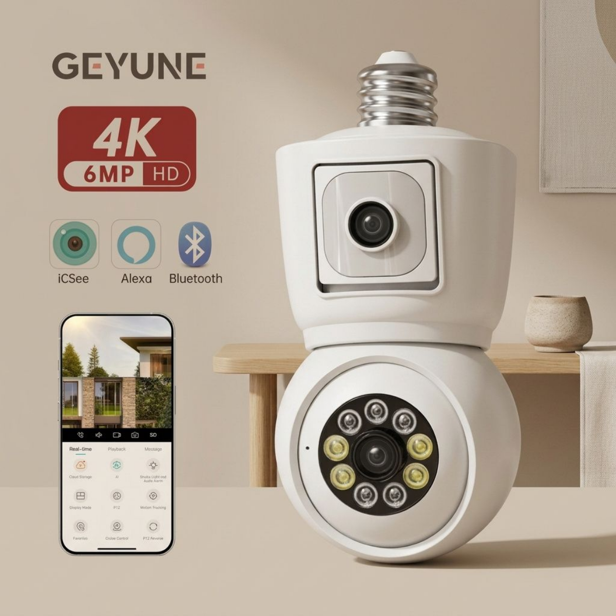 8MP E27 Bulb WiFi Camera 4K Dual Lens Dual Screen Cam Auto Tracking Two Way Audio Night Vision CCTV Security Protection ICSEE