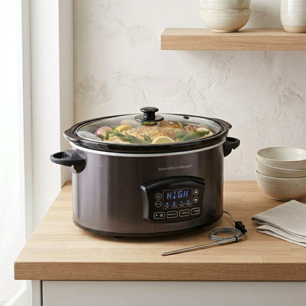 Digital slow cooker on a kitchen counter with a white background