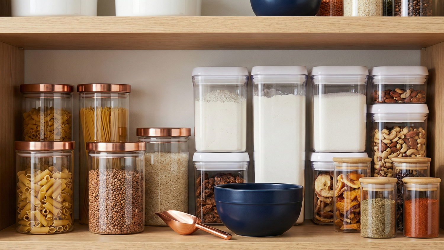 Pantry storage containers organized on a shelf with dry goods