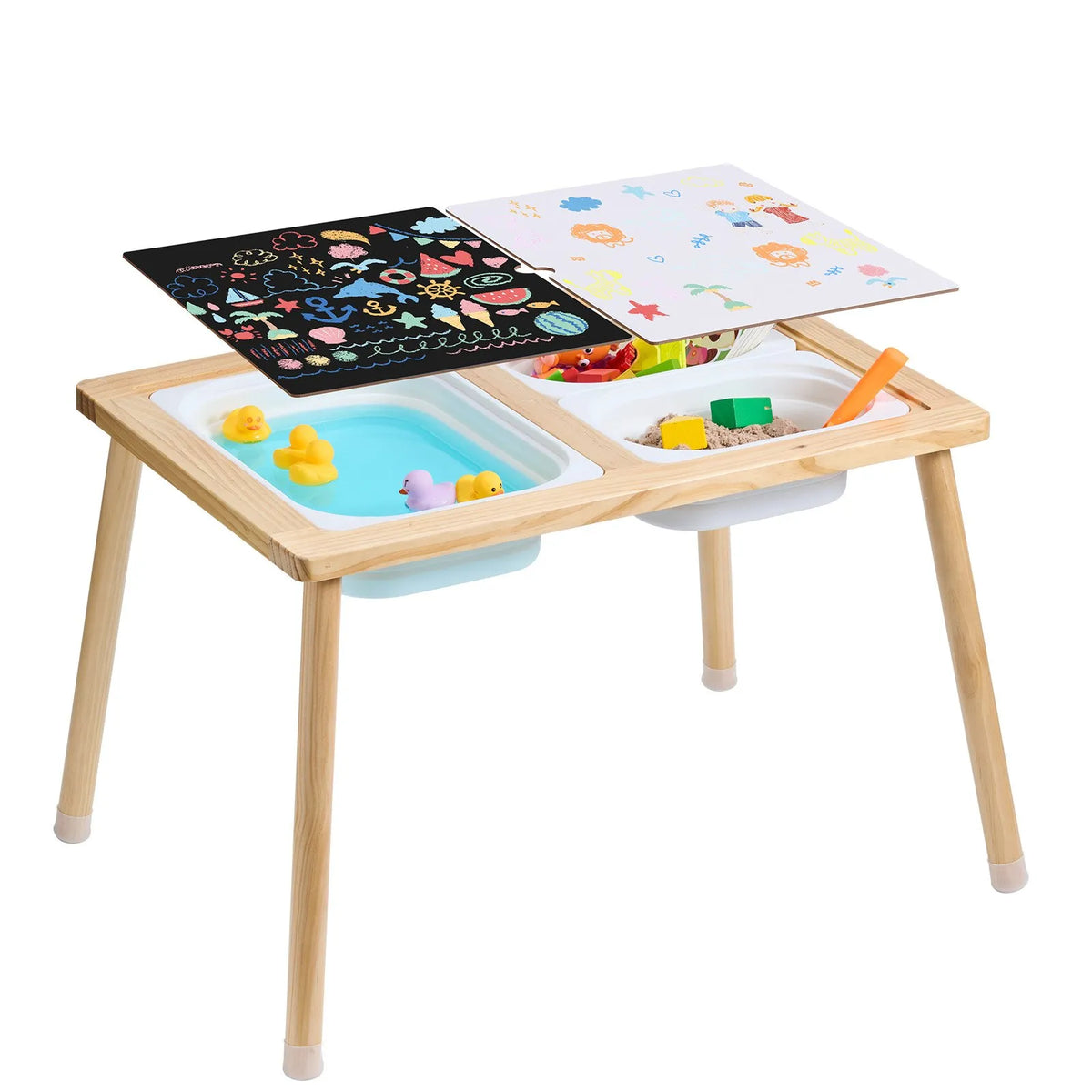 Kids Sensory Table Indoor Wooden Play Sand Water Table with 3 Storage Bins