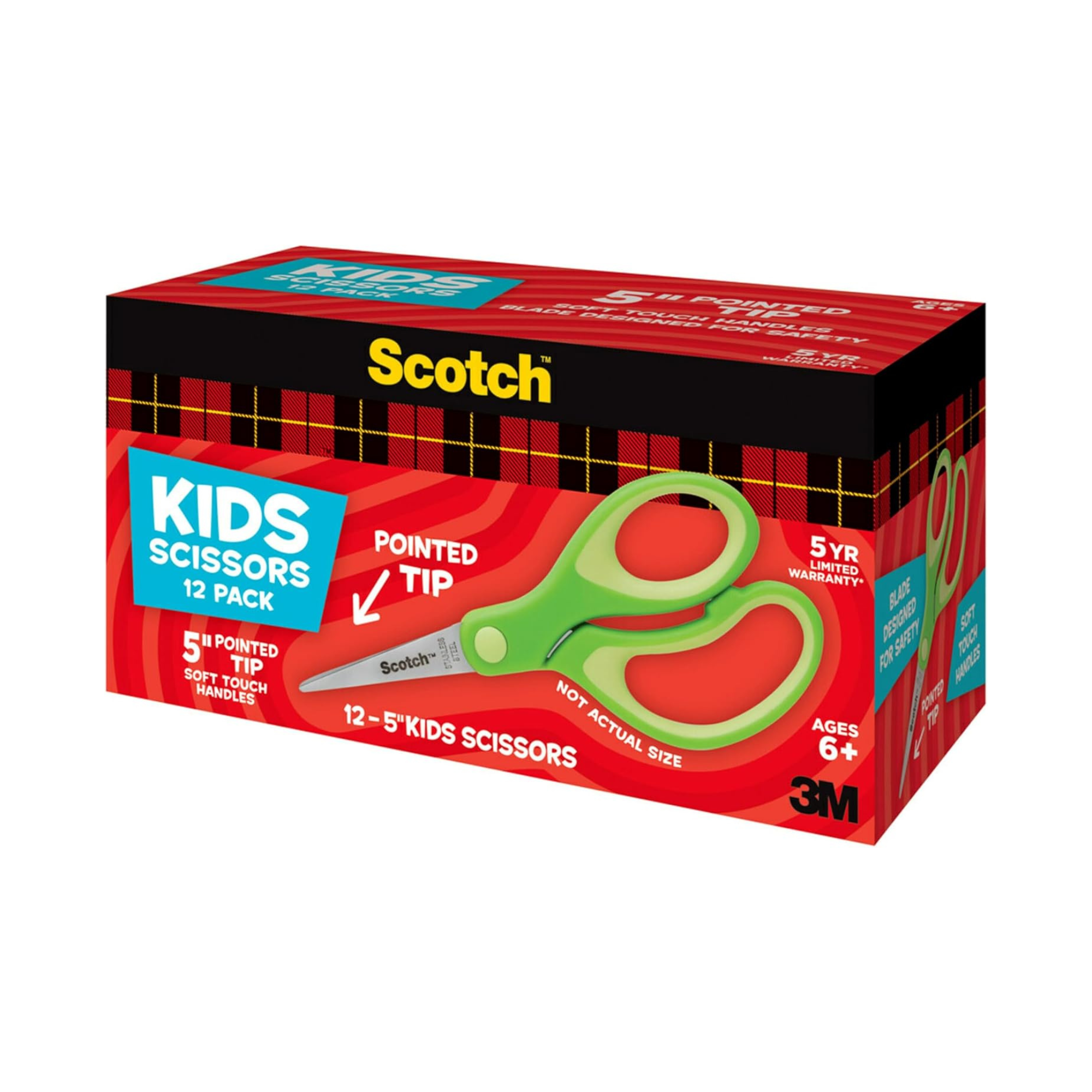 Scotch 5-Inch Soft Touch Pointed Kid Scissors, 12 Count Teacher Pack, Green (1442P-12)