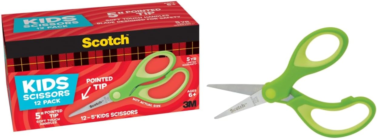 Scotch 5-Inch Soft Touch Pointed Kid Scissors, 12 Count Teacher Pack, Green (1442P-12)
