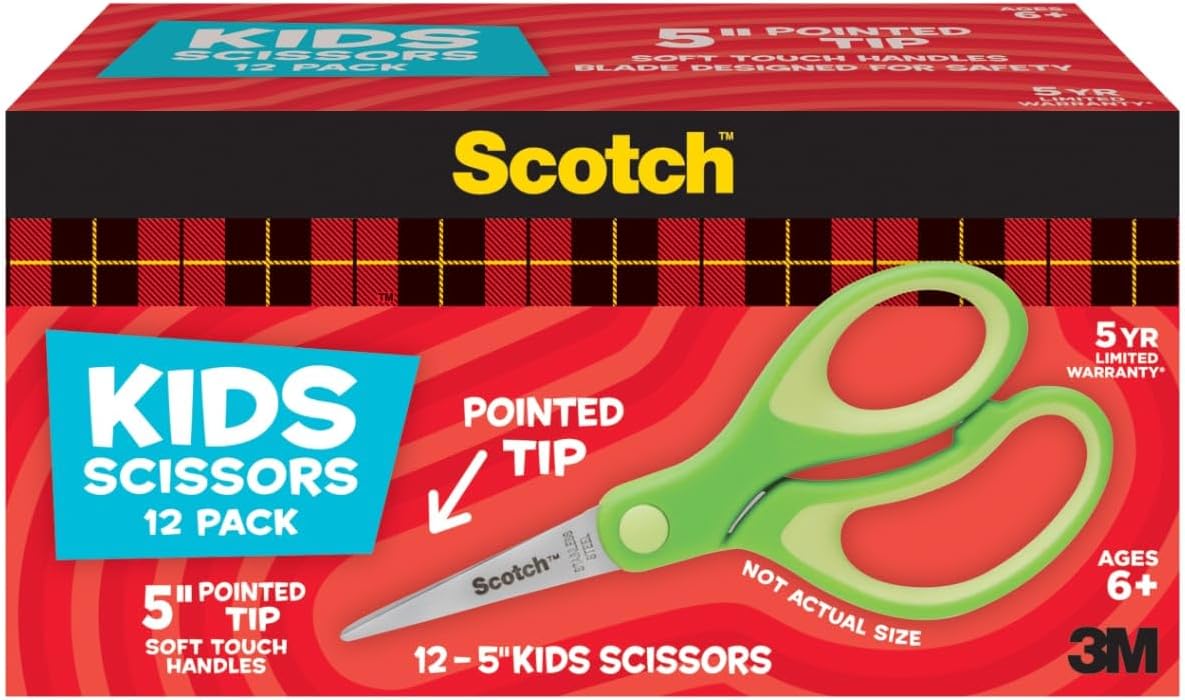 Scotch 5-Inch Soft Touch Pointed Kid Scissors, 12 Count Teacher Pack, Green (1442P-12)