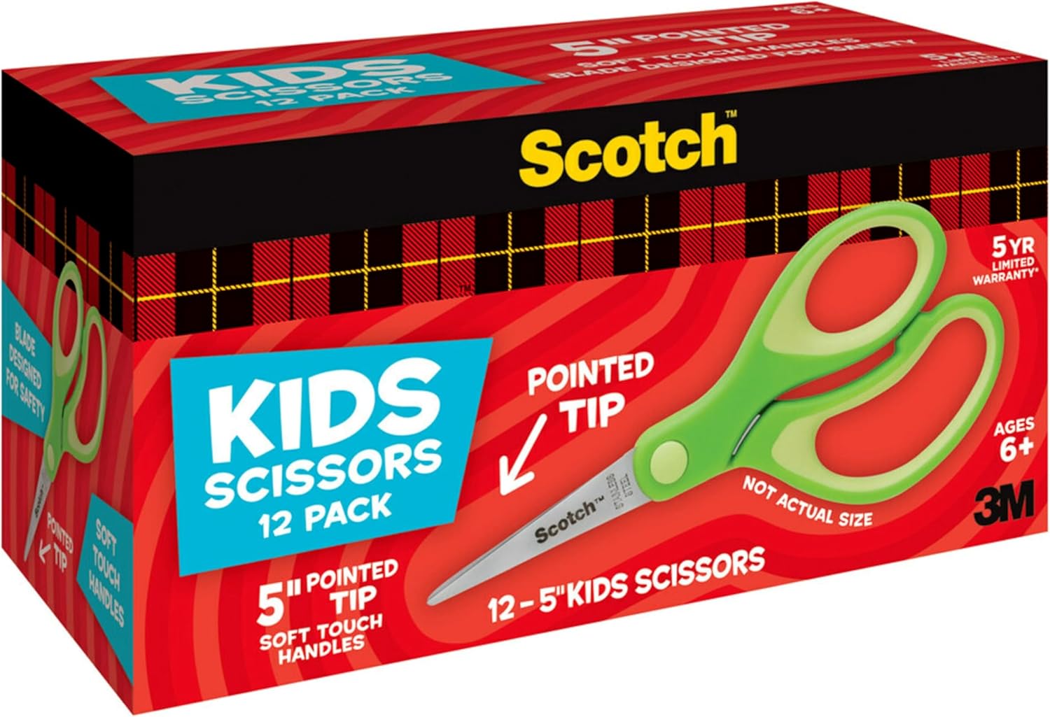 Scotch 5-Inch Soft Touch Pointed Kid Scissors, 12 Count Teacher Pack, Green (1442P-12)