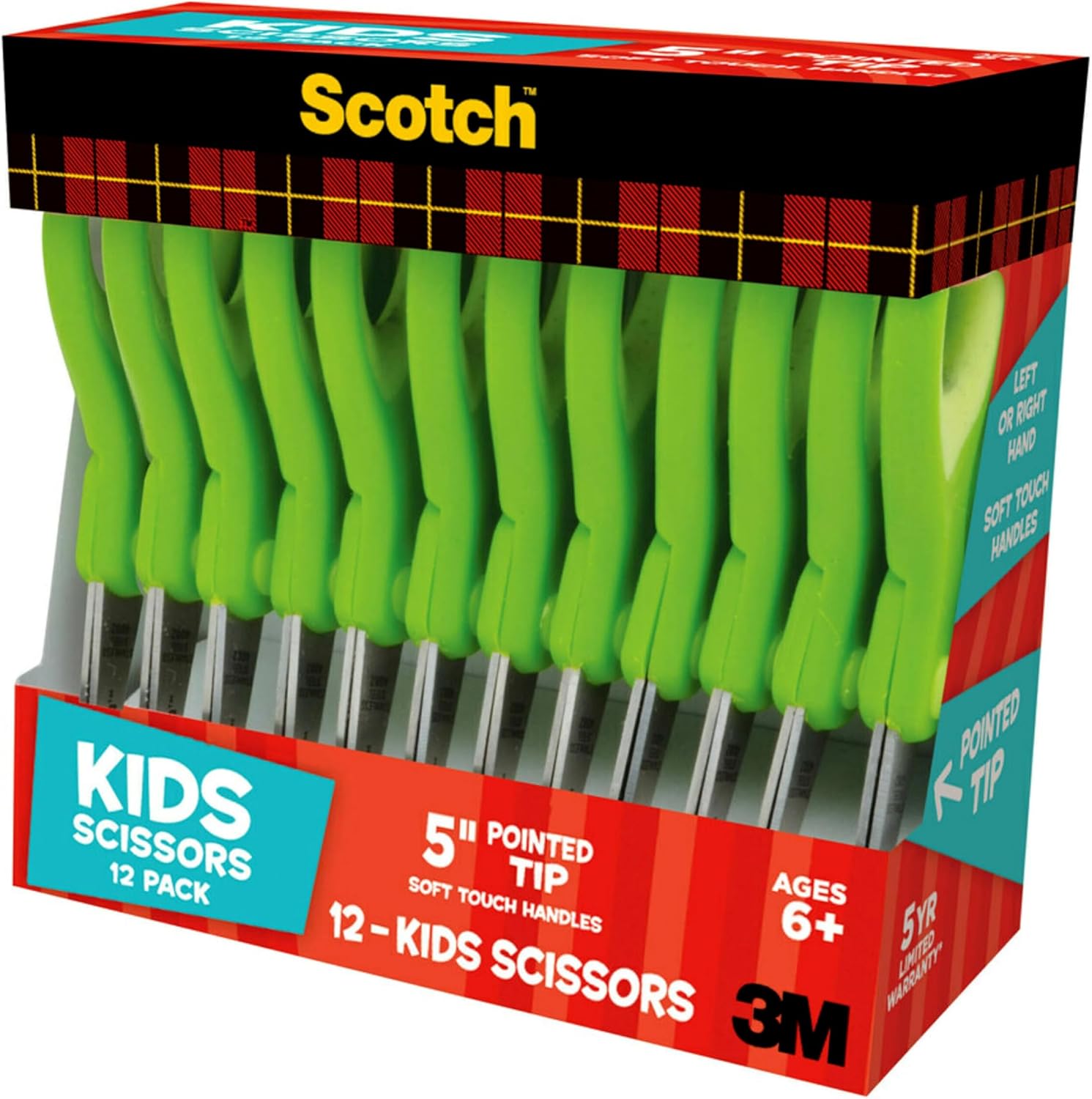 Scotch 5-Inch Soft Touch Pointed Kid Scissors, 12 Count Teacher Pack, Green (1442P-12)