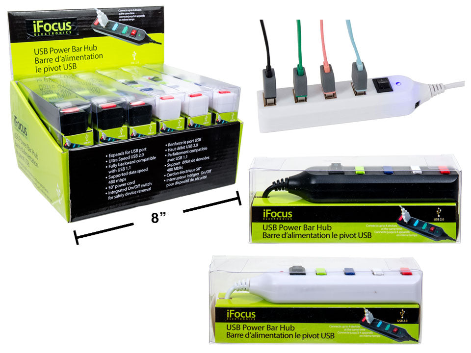 iFocus USB power bar hub with packaging and close-up details on a white background