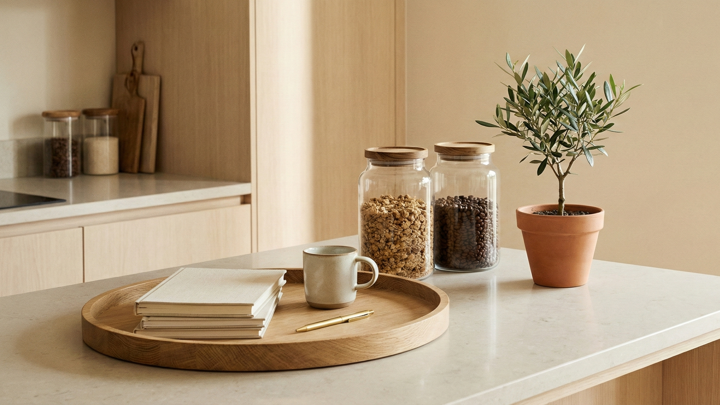 Kitchen counter with a wooden tray, coffee mug, books, and jars on a light-colored surface.