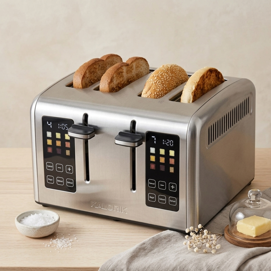 Silver toaster with four slices of bread on a wooden table with butter and salt.