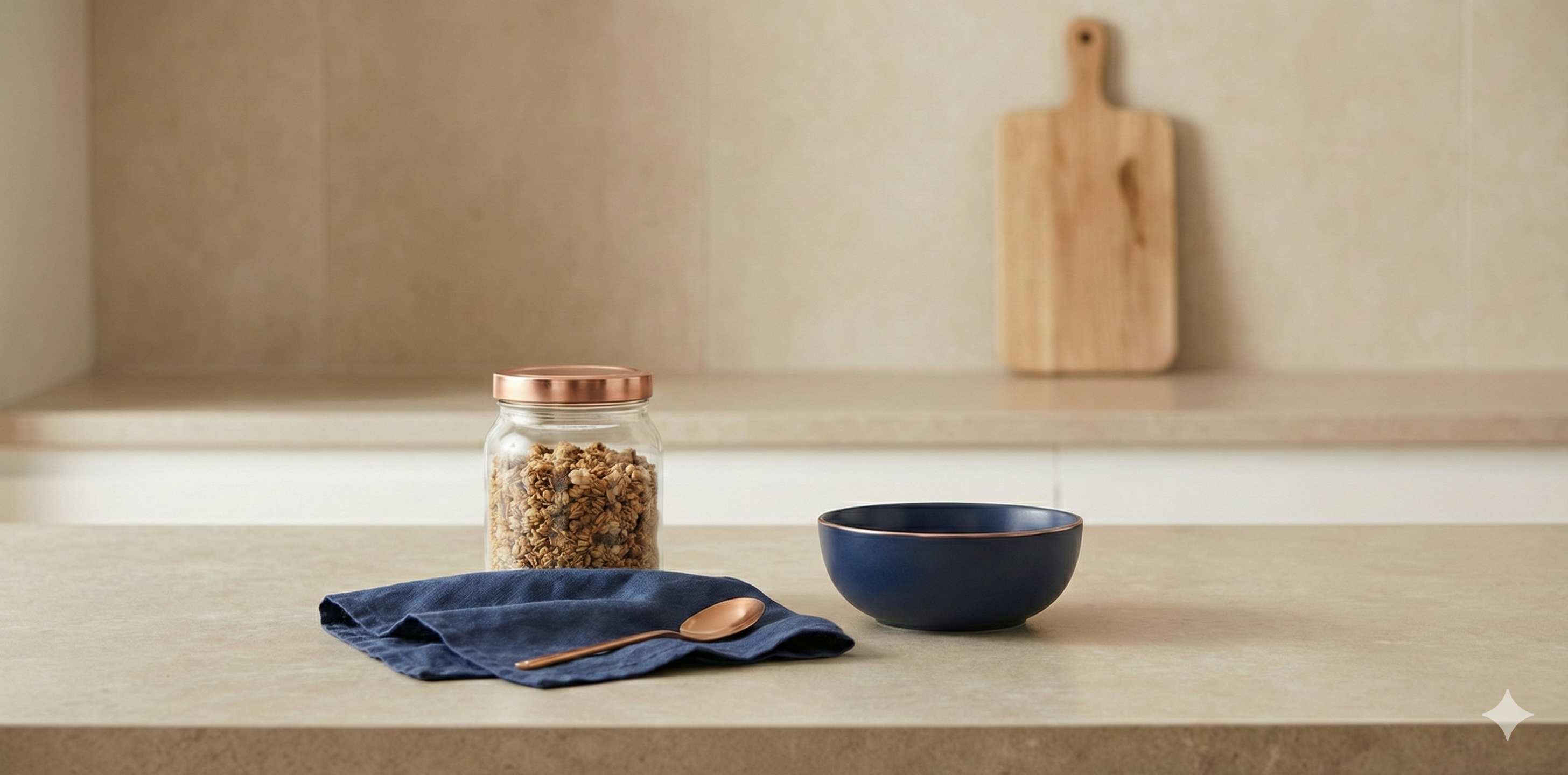 Kitchen counter with a jar, bowl, and cutting board on a neutral background