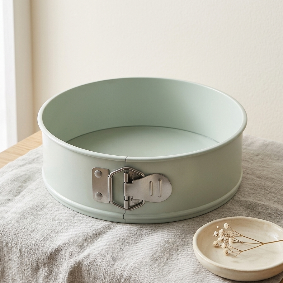 Light green metal cake pan on a textured surface with a small white dish.