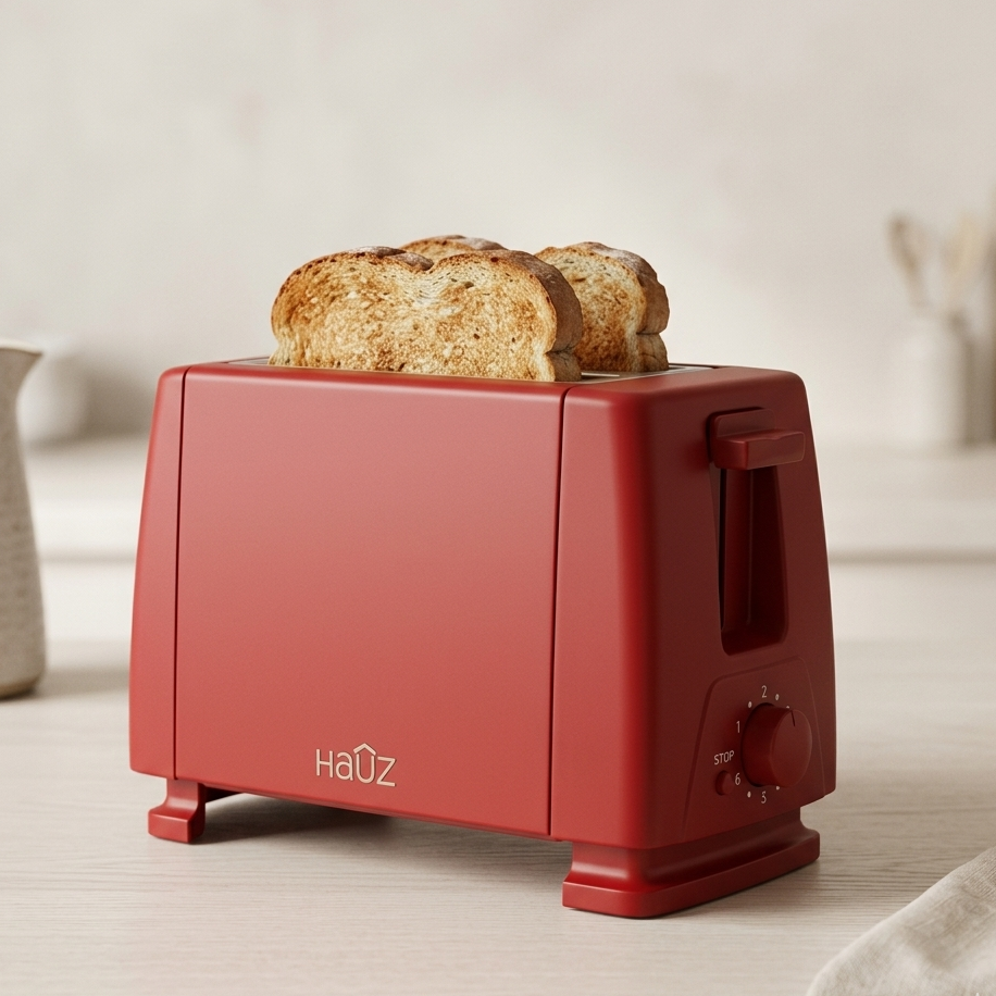 Red toaster with slices of toast on a light wooden surface