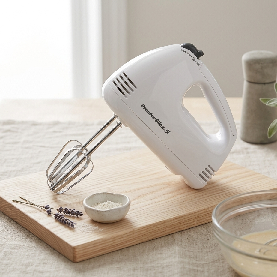 White hand mixer on a wooden board with ingredients on a light-colored surface