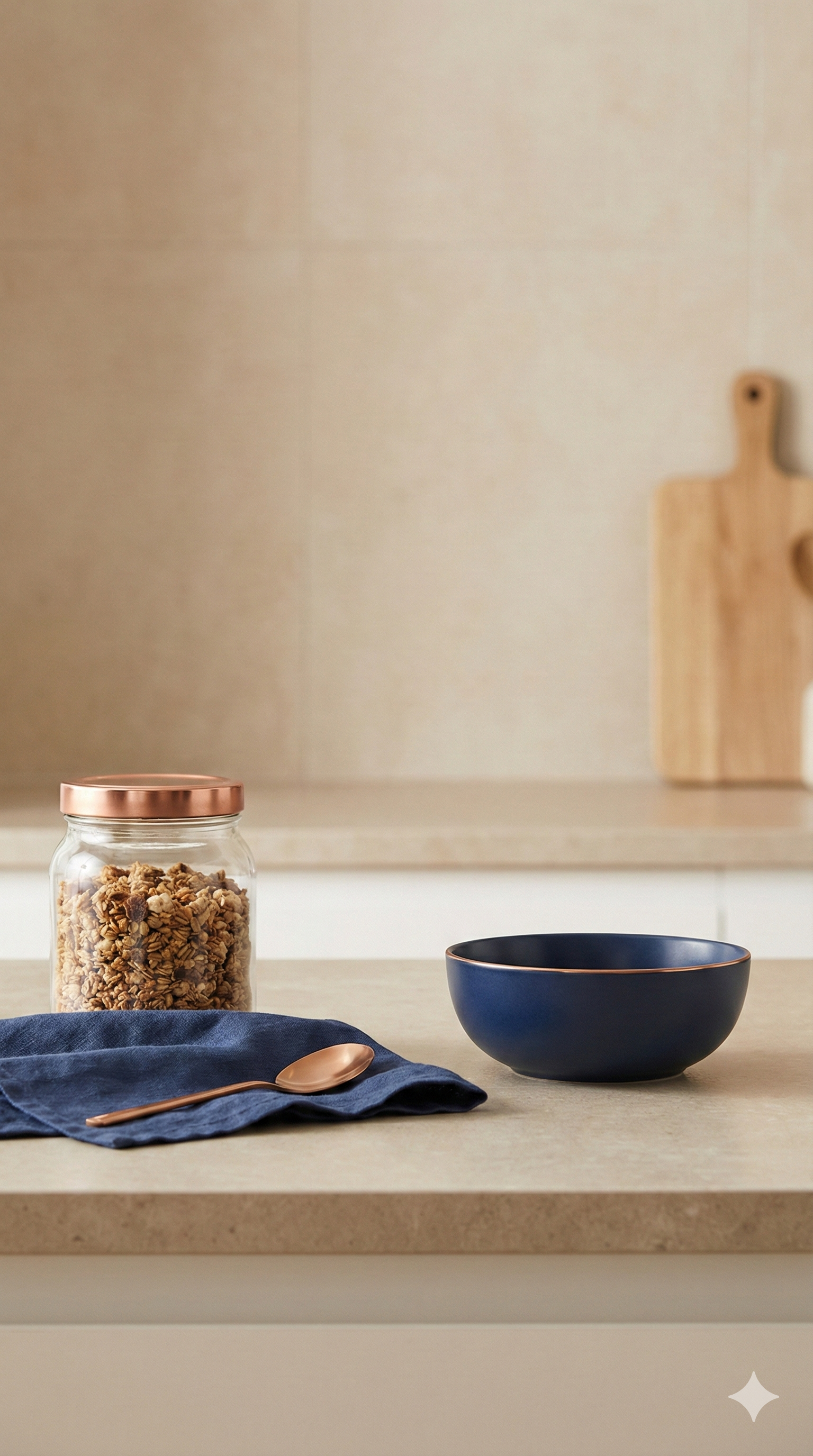 Jar of granola on a blue napkin with a blue bowl and spoon on a beige countertop.