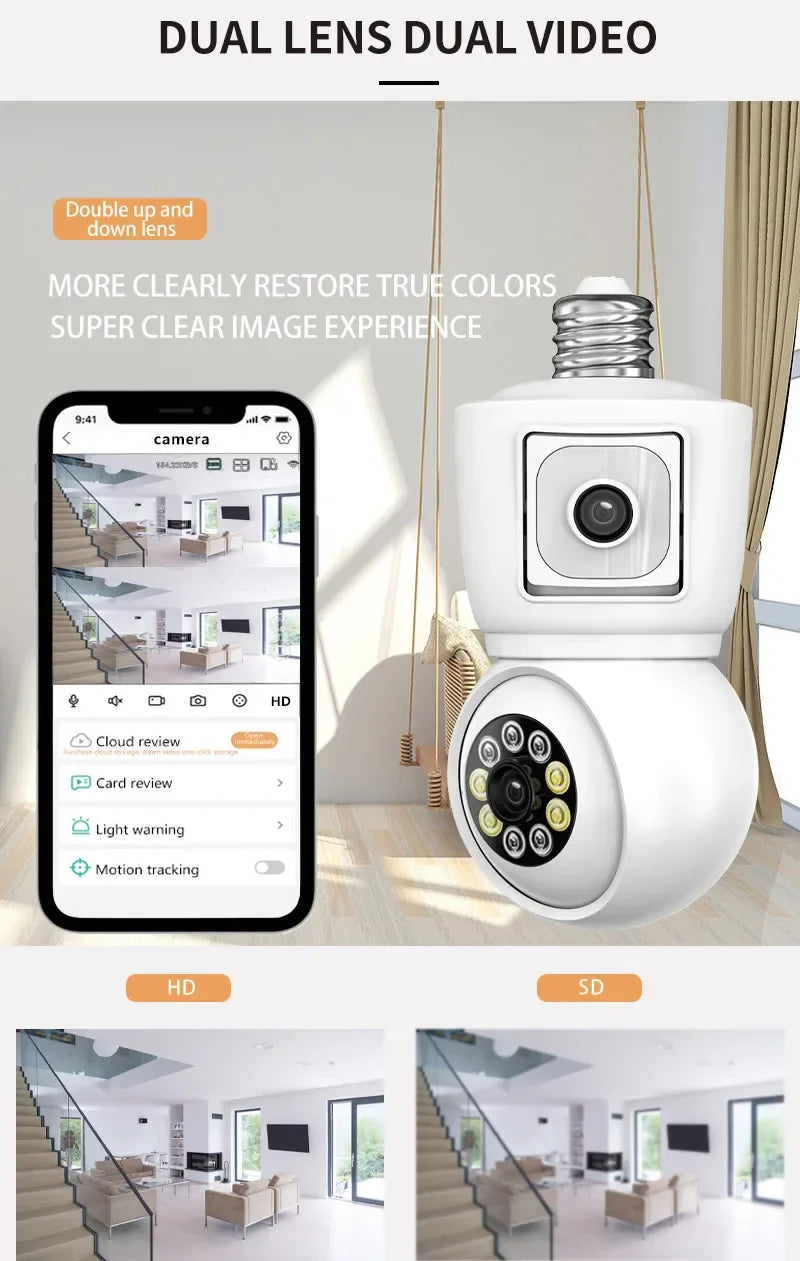 8MP E27 Bulb WiFi Camera 4K Dual Lens Dual Screen Cam Auto Tracking Two Way Audio Night Vision CCTV Security Protection ICSEE