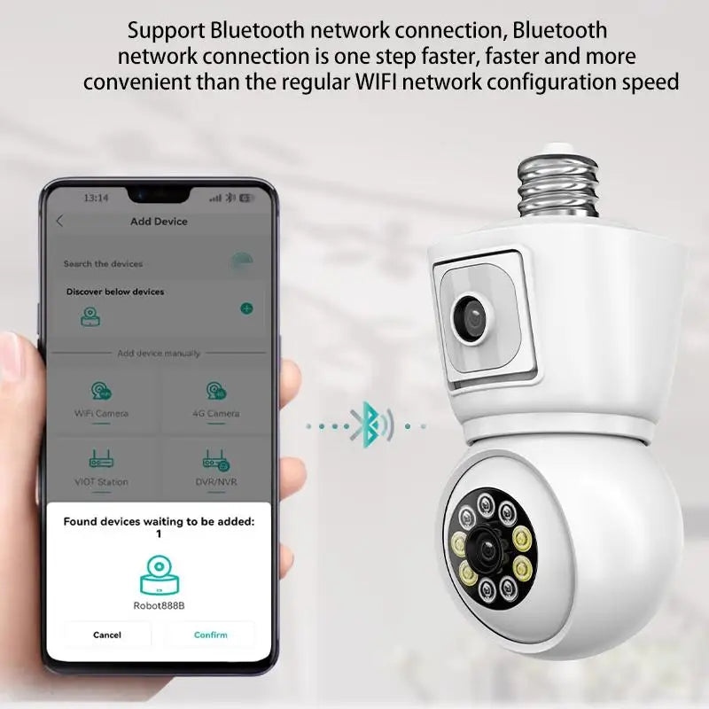 8MP E27 Bulb WiFi Camera 4K Dual Lens Dual Screen Cam Auto Tracking Two Way Audio Night Vision CCTV Security Protection ICSEE