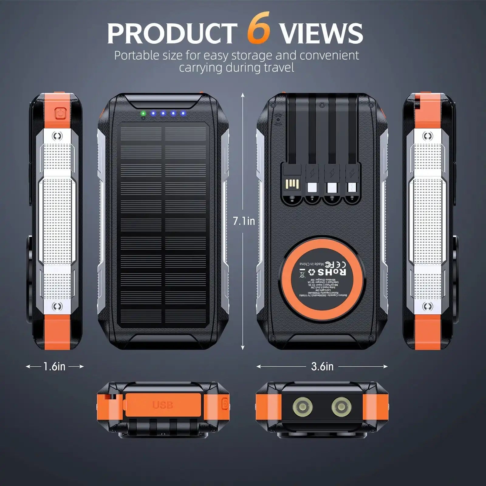 TUTT Solar Power Bank 30,000mAh Rugged Magnetic Wireless Power Bank | MagSafe Built-in Cable, Flashlight | USB-C/Lightning/Micro-USB S5