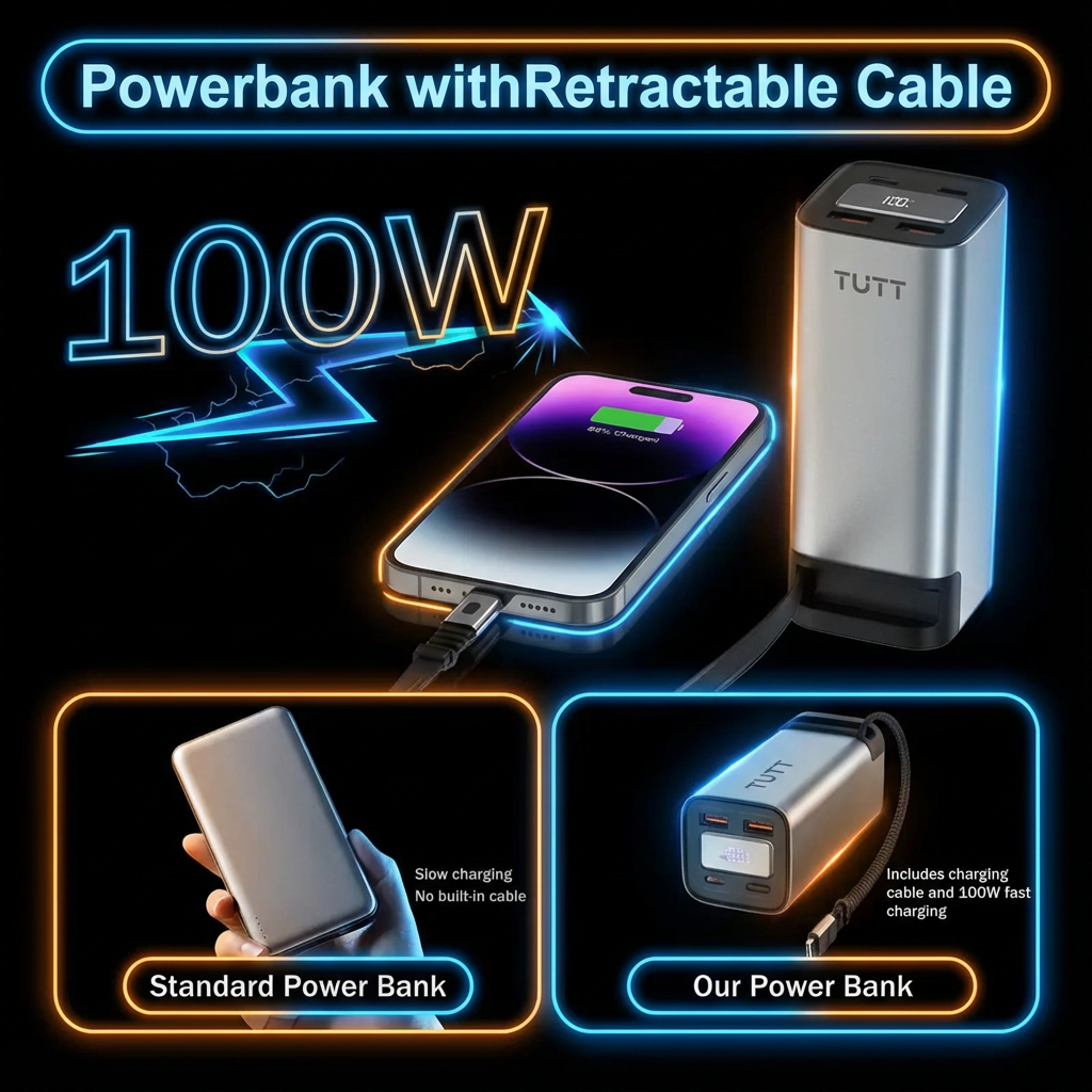 TUTT Monitor, Laptop Power Bank 100W 20,000mAh Retractable Cable LCD Display L1