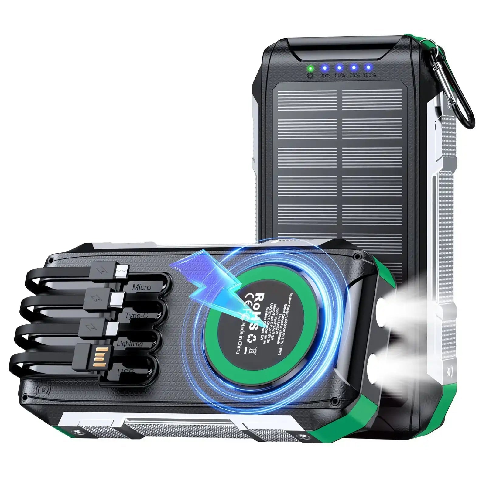 TUTT Solar Power Bank 30,000mAh Rugged Magnetic Wireless Power Bank | MagSafe Built-in Cable, Flashlight | USB-C/Lightning/Micro-USB S5