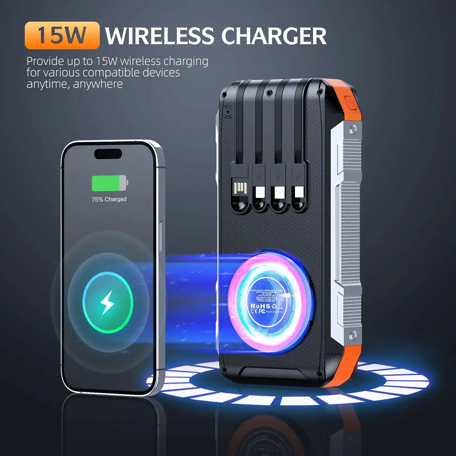 TUTT Solar Power Bank 30,000mAh Rugged Magnetic Wireless Power Bank | MagSafe Built-in Cable, Flashlight | USB-C/Lightning/Micro-USB S5