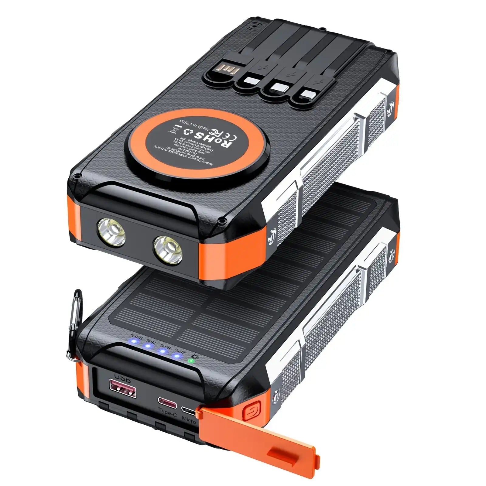 TUTT Solar Power Bank 30,000mAh Rugged Magnetic Wireless Power Bank | MagSafe Built-in Cable, Flashlight | USB-C/Lightning/Micro-USB S5