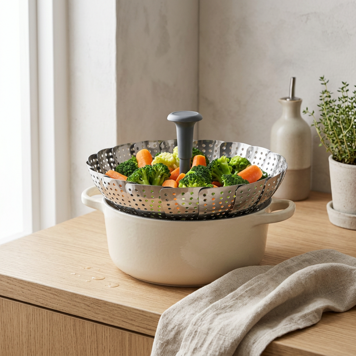 White pot with a metal colander containing vegetables on a wooden surface.