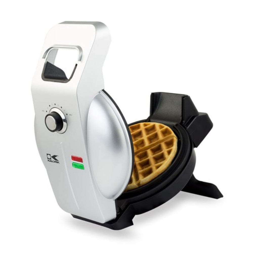 Waffle maker with a waffle inside on a white background