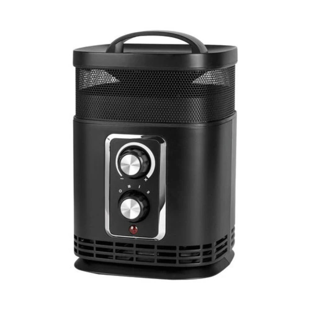 Black portable heater with control panel on a white background