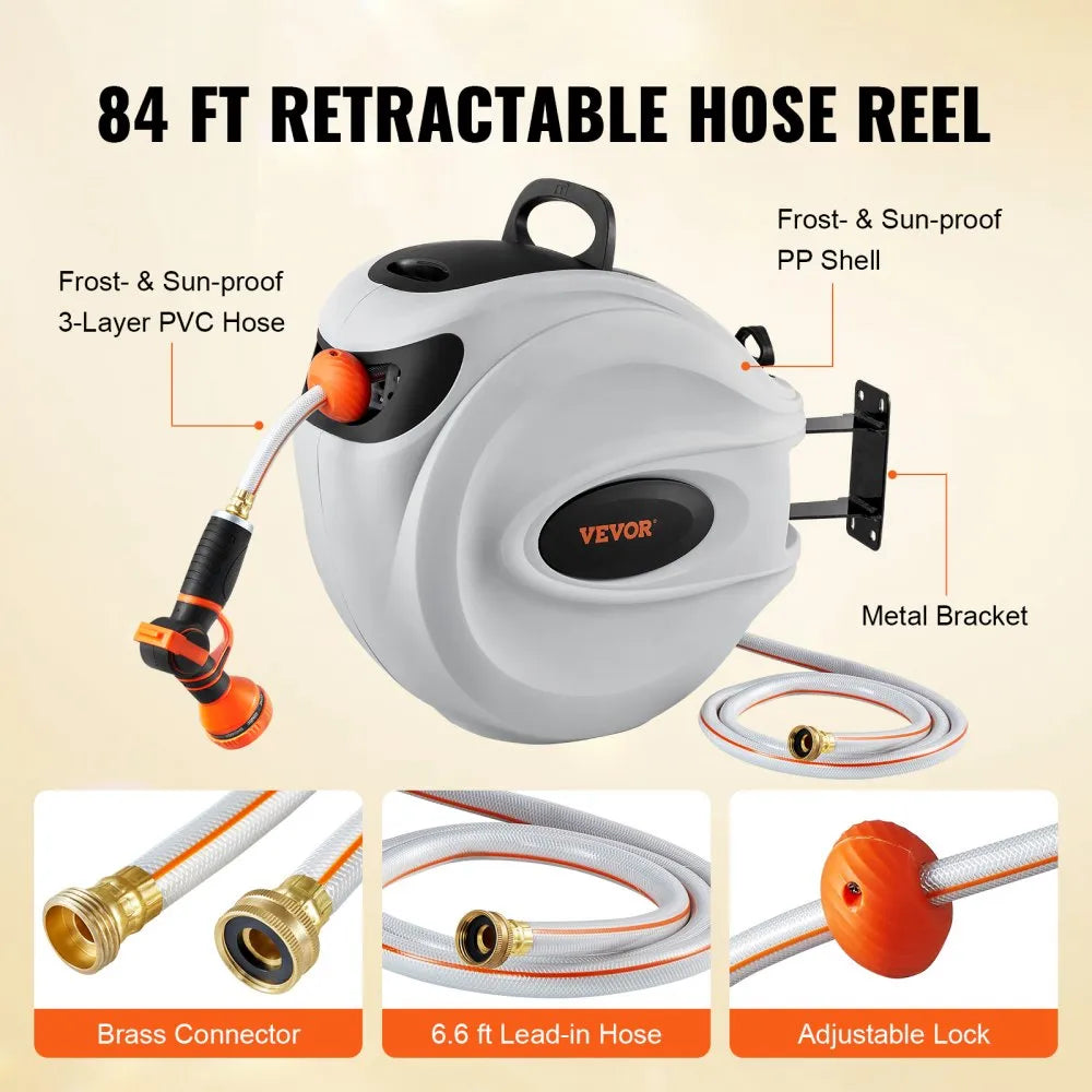 VEVOR Retractable Hose Reel Water Hose Reel 84'x5/8" 180° Swivel Wall-Mounted