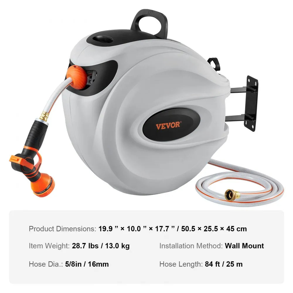 VEVOR Retractable Hose Reel Water Hose Reel 84'x5/8" 180° Swivel Wall-Mounted