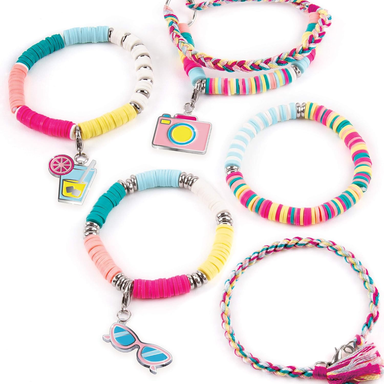 Bracelet kit components including beads, charms, cord, and PlayTray